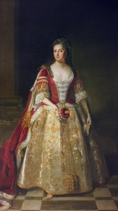 Portret van Angelina Magdalena (ca. 1666-1736), tweede vrouw van de 1e burggraaf St. John in kroningsgewaden, 1727